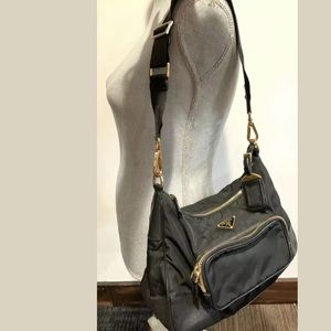 Prada black nylon leather gold hardware handbag